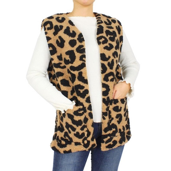 Leopard Pattern Animal Printed Sherpa Pocket Vest Shawl