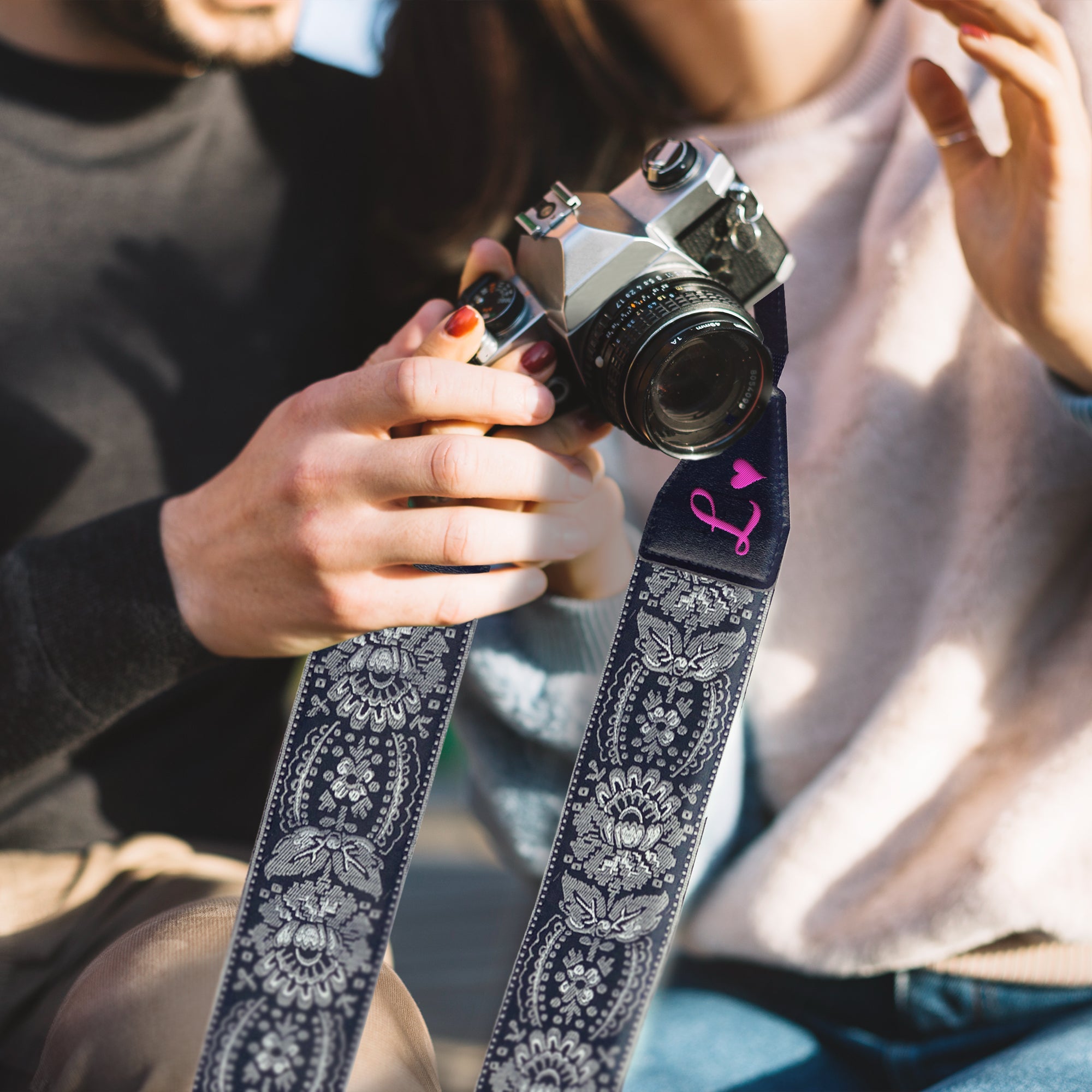 Personalized Embroidered Black Silver Woven Camera Strap
