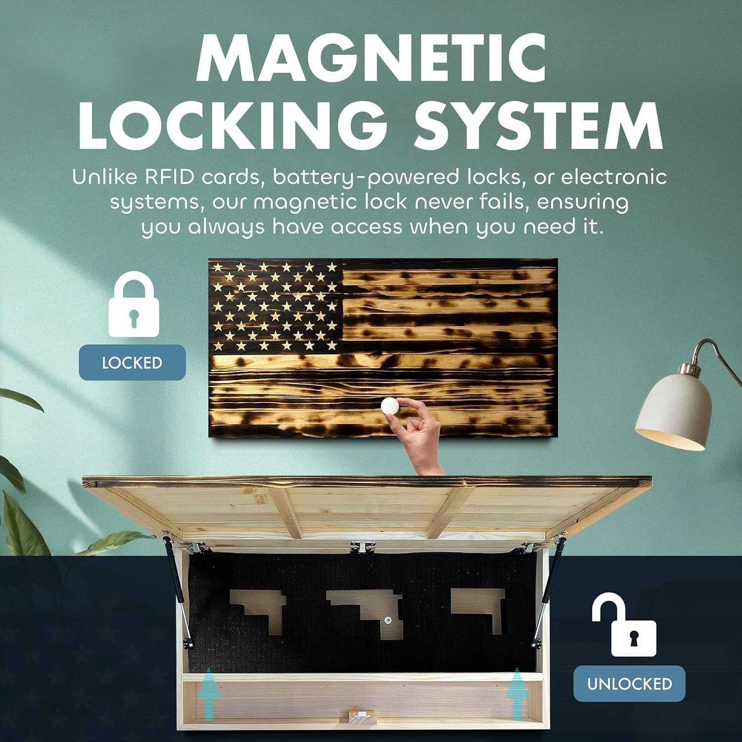 Burnt finish large American flag hidden gun safe by Bellewood Designs with magnetic lock for rifles, shotguns, and handguns.