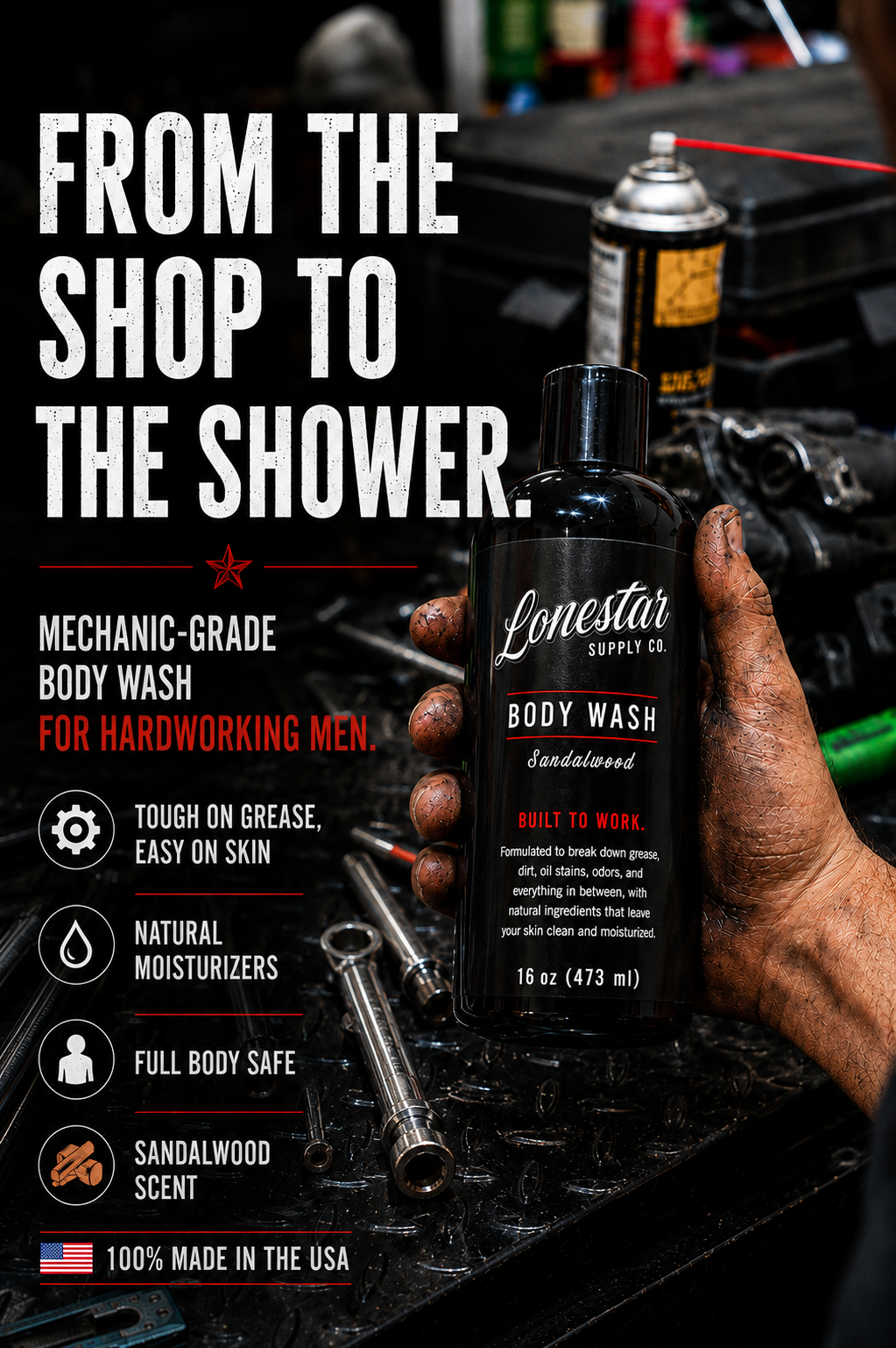 Lonestar™ Supply Co Heavy-Duty Body Wash & Hand Cleaner – Removes Grease, Oil, Dirt & Odors – For Mechanics, Welders, Construction Workers & Tradesmen – Sandalwood Scent – 16 oz