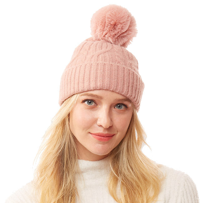 Lurex Accented Solid Cable Knitted Pom Pom Beanie Hat