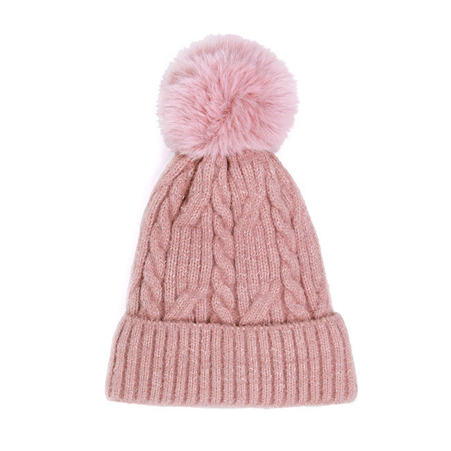 Lurex Accented Solid Cable Knitted Pom Pom Beanie Hat