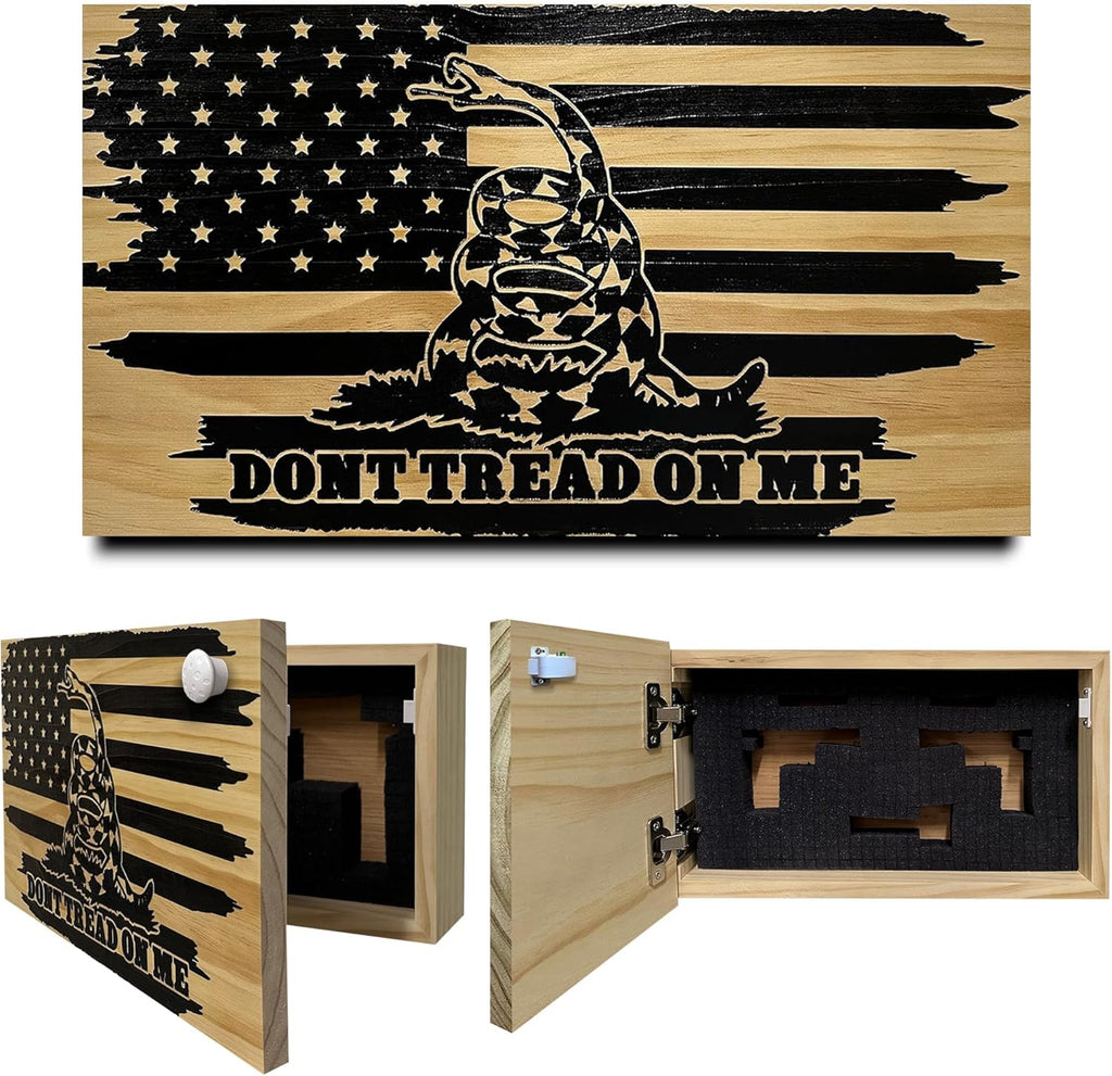Dont Tread on Me Concealment Shelf - Quick Access Patriotic Hidden Gun Storage with Magnetic Lock - Safe & Secure Gun Concealment Furniture (Distressed)