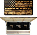 Large American flag gun safe by Bellewood Designs, hidden cabinet with magnetic lock for rifles, shotguns, and handguns in burnt finish.