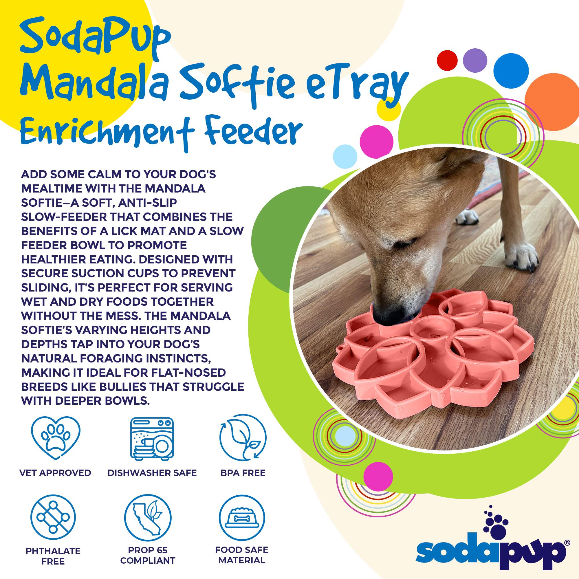 Mandala Softie eTray Shallow Slow Feeder Dog Bowl with Suction Cups | USA Made - PhishStones Products