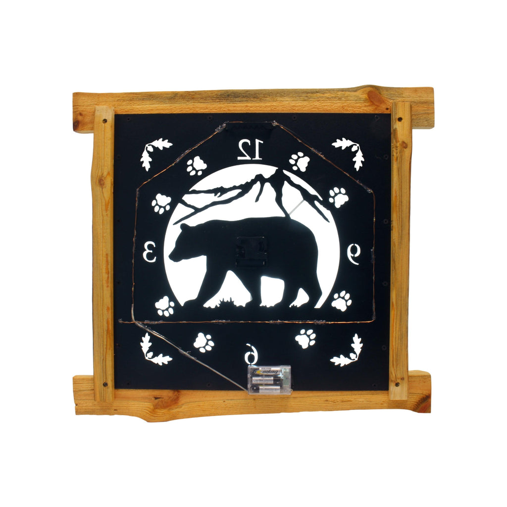 Large Rustic Wall Clock with 16" Analog Display, Pine Log Frame, Metal Wildlife Art Clock Face