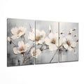 Three Panel Gray Impasto White Blossoms Glass Wall Art