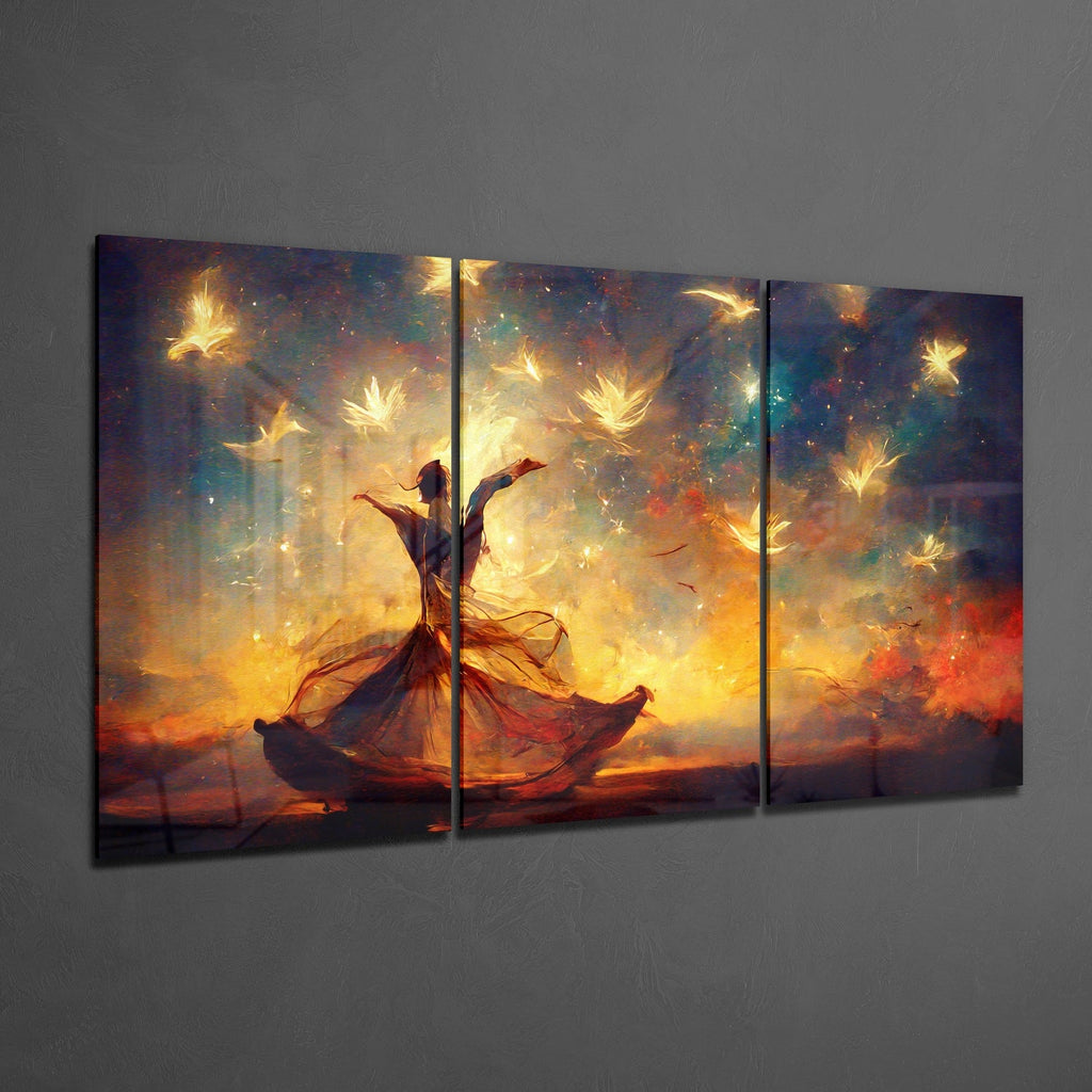 Fiery Sunset Dancer With White Doves Glass Wall Art