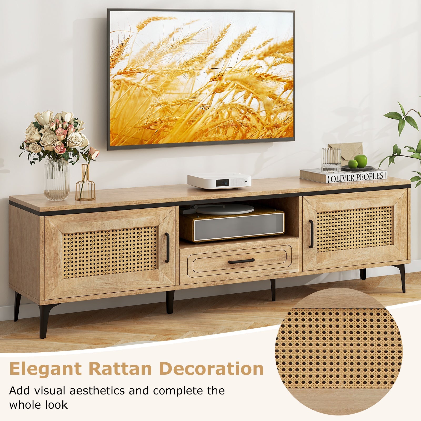Mid Century Modern Entertainment Center with 2 Cabinets and Storage Drawer-Oak