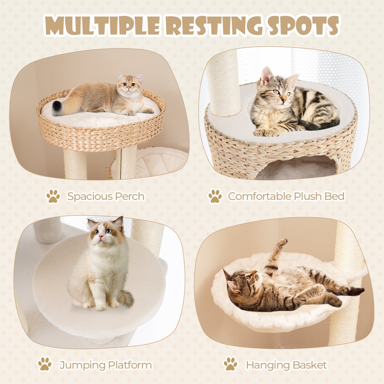 Modern Cat Tree for Indoor Cats with Cattail Fluff Condo and Top Perch-Natural