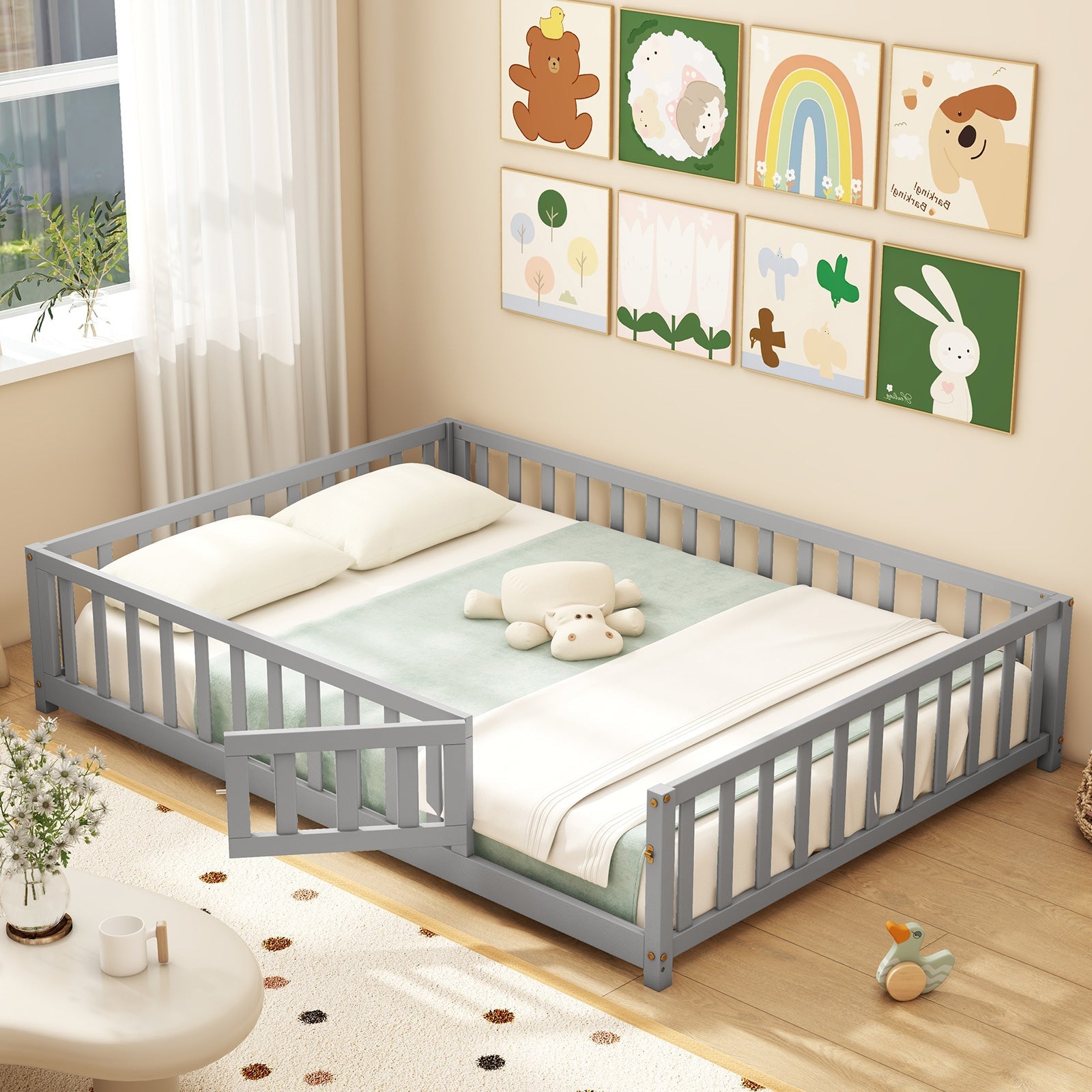 Montessori Bed Frame with Full-length Guardrails Safety Door and Latch-Gray