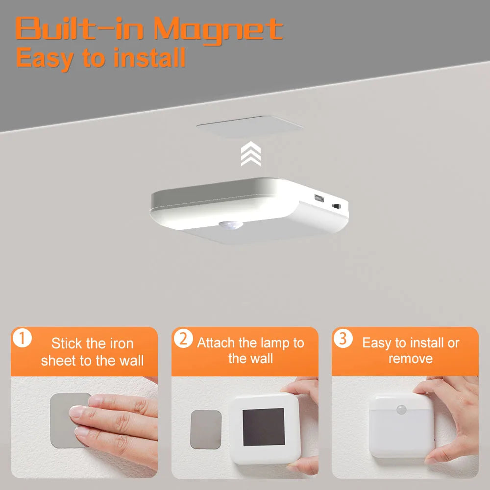Motion Sensor LED Night Light - USB Type - C Rechargeable Square Lamp for Bedroom, Kitchen, Stair, Hallway, Wardrobe, Cupboard - PhishStones Products