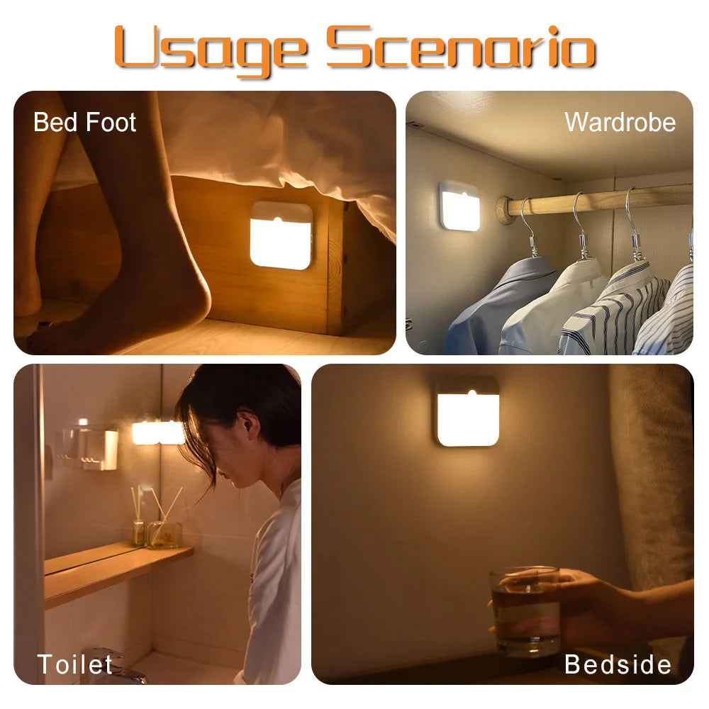 Motion Sensor LED Night Light - USB Type - C Rechargeable Square Lamp for Bedroom, Kitchen, Stair, Hallway, Wardrobe, Cupboard - PhishStones Products