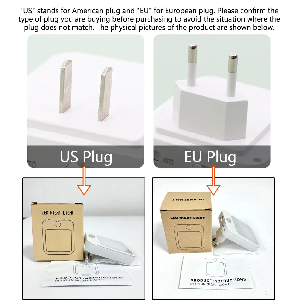 Motion Sensor LED Night Light with EU Plug – Plug - In Bedside & Kids Night Lamp, Warm/White Light - PhishStones Products