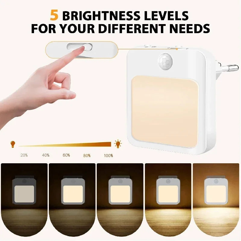 Motion Sensor LED Night Light with EU Plug – Plug - In Bedside & Kids Night Lamp, Warm/White Light - PhishStones Products