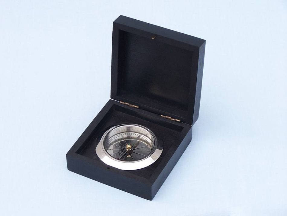 Chrome Captain's Desk Compass w/ Black Rosewood Box 4""