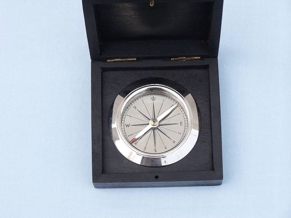 Chrome Captain's Desk Compass w/ Black Rosewood Box 4""