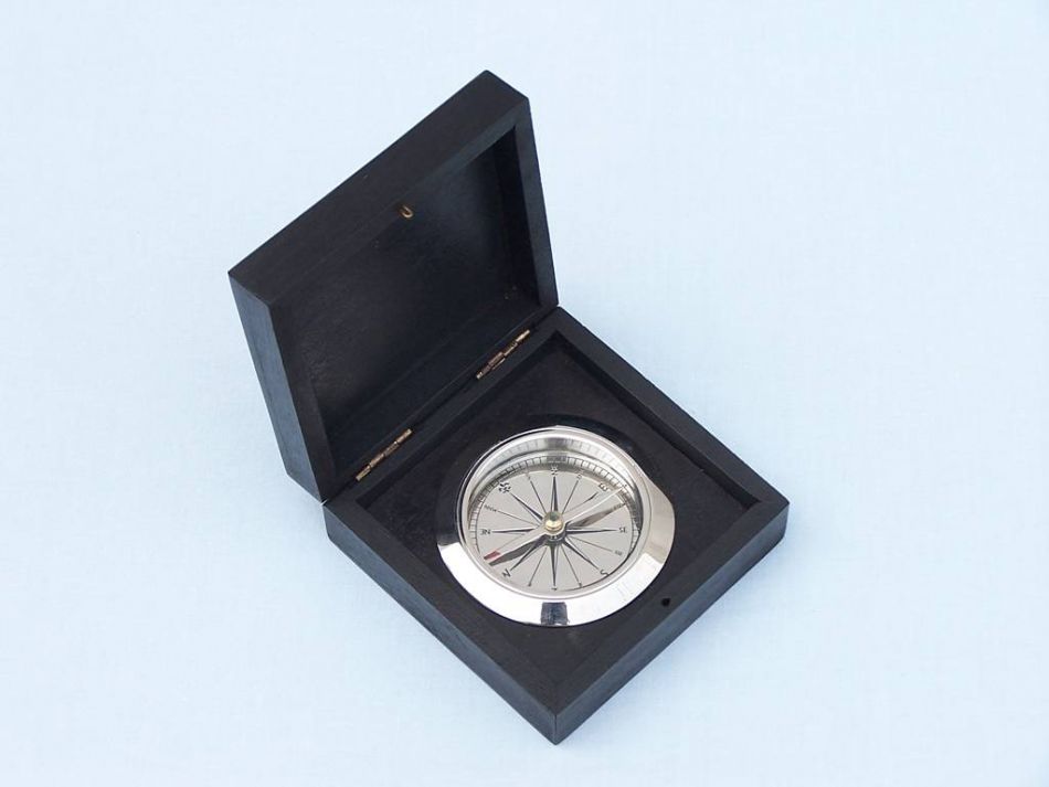 Chrome Captain's Desk Compass w/ Black Rosewood Box 4""