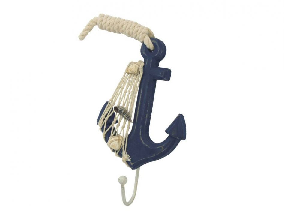 Wooden Rustic Decorative Blue Anchor with Hook 7""