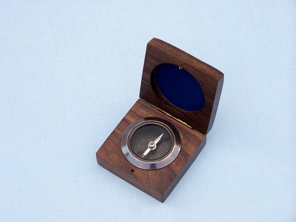 Antique Copper Desk Compass with Rosewood Box 3""