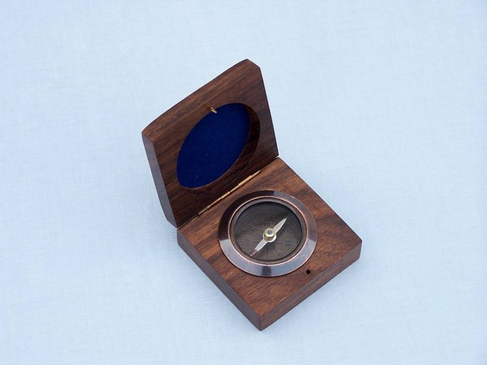 Antique Copper Desk Compass with Rosewood Box 3""