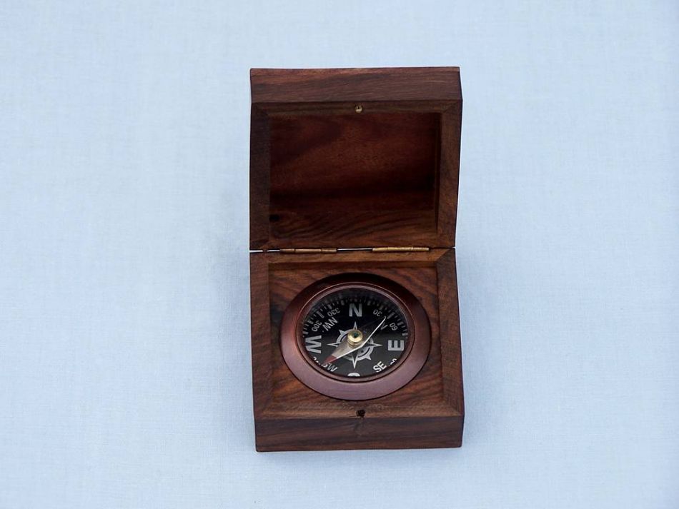 Antique Copper Black Desk Compass with Rosewood Box 3""