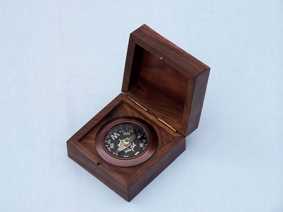 Antique Copper Black Desk Compass with Rosewood Box 3""