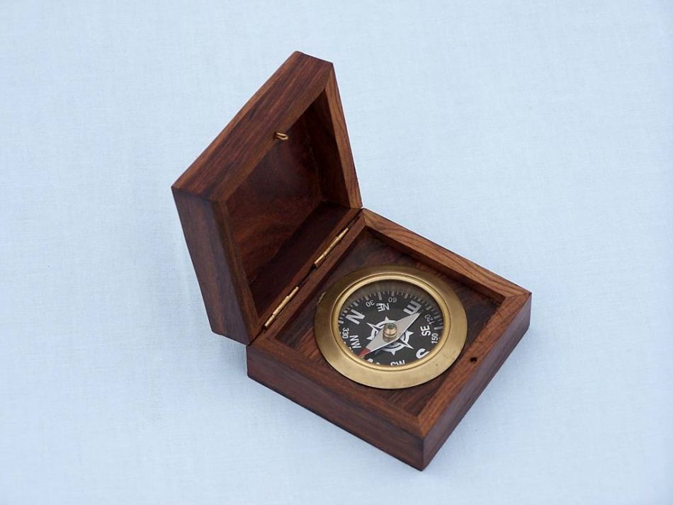 Antique Brass Black Desk Compass with Rosewood Box 3""