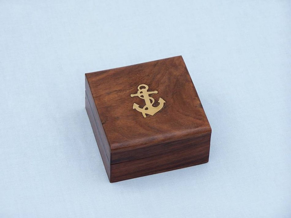 Antique Brass Black Desk Compass with Rosewood Box 3""