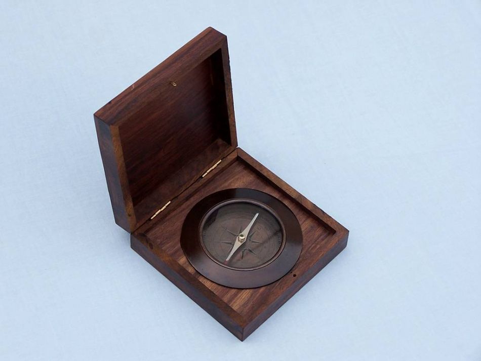 Antique Copper Admirals Desk Compass with Rosewood Box 5""
