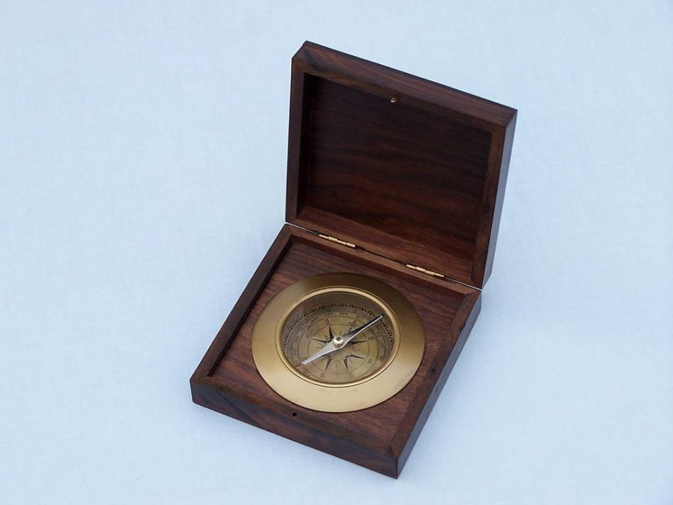 Antique Brass Admirals Desk Compass with Rosewood Box 5""