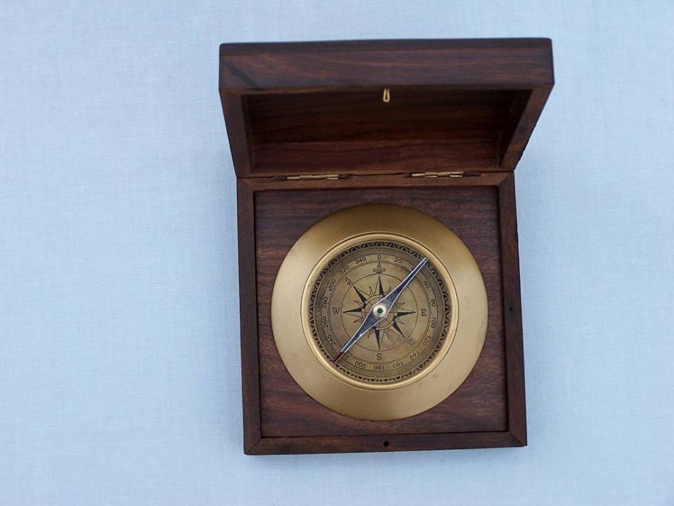 Antique Brass Admirals Desk Compass with Rosewood Box 5""