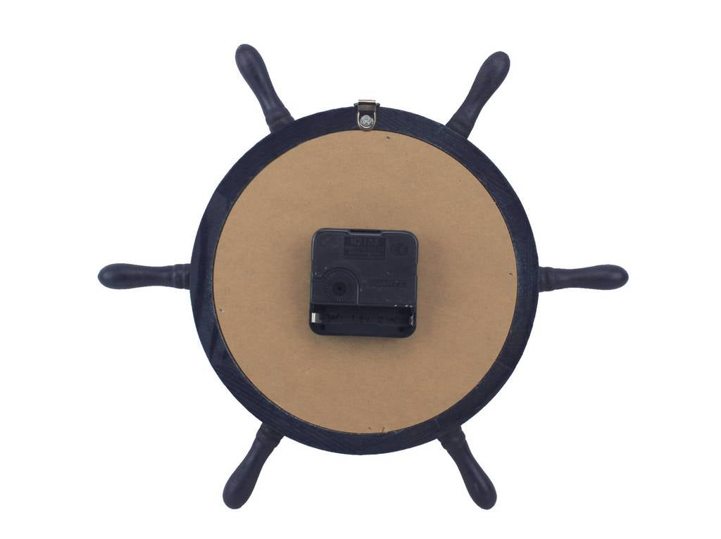 Wooden Rustic Dark Blue Ship Wheel Knot Faced Clock 12""