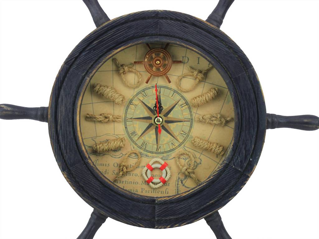 Wooden Rustic Dark Blue Ship Wheel Knot Faced Clock 12""