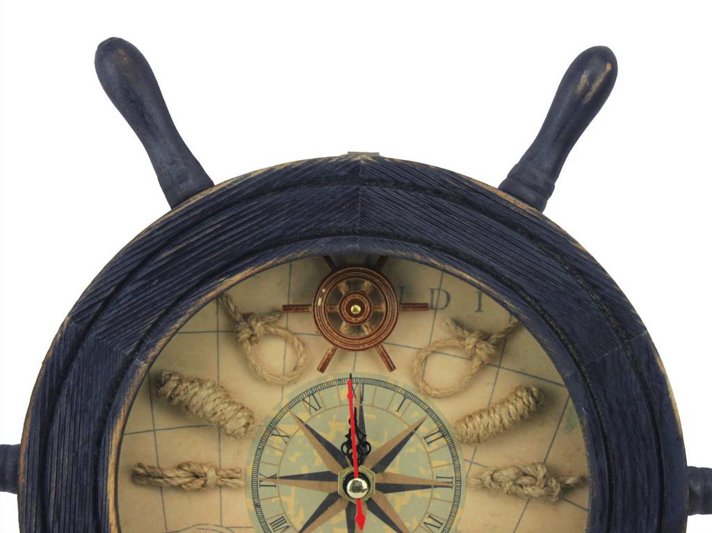 Wooden Rustic Dark Blue Ship Wheel Knot Faced Clock 12""