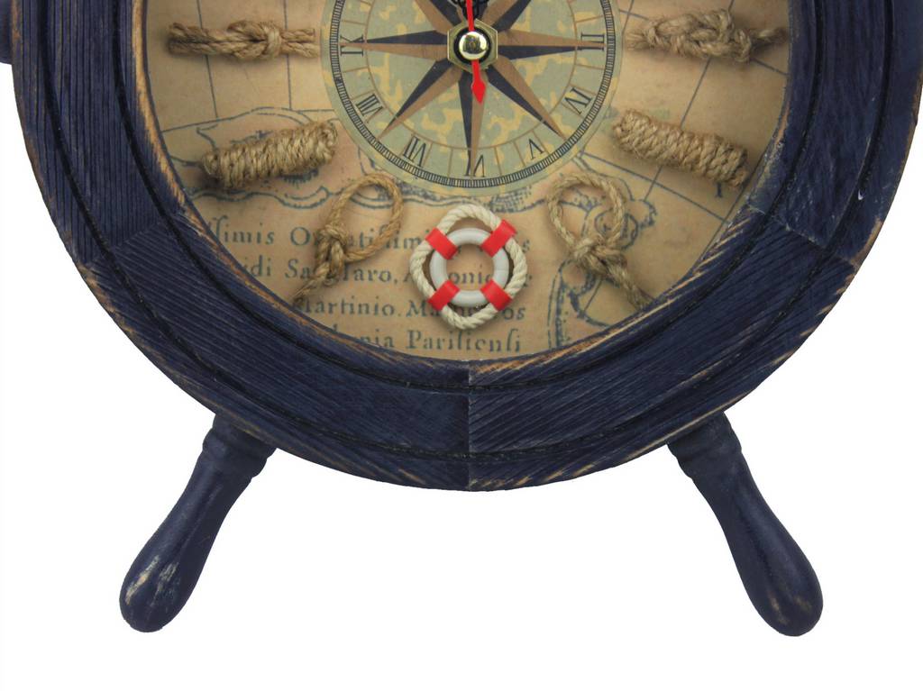 Wooden Rustic Dark Blue Ship Wheel Knot Faced Clock 12""