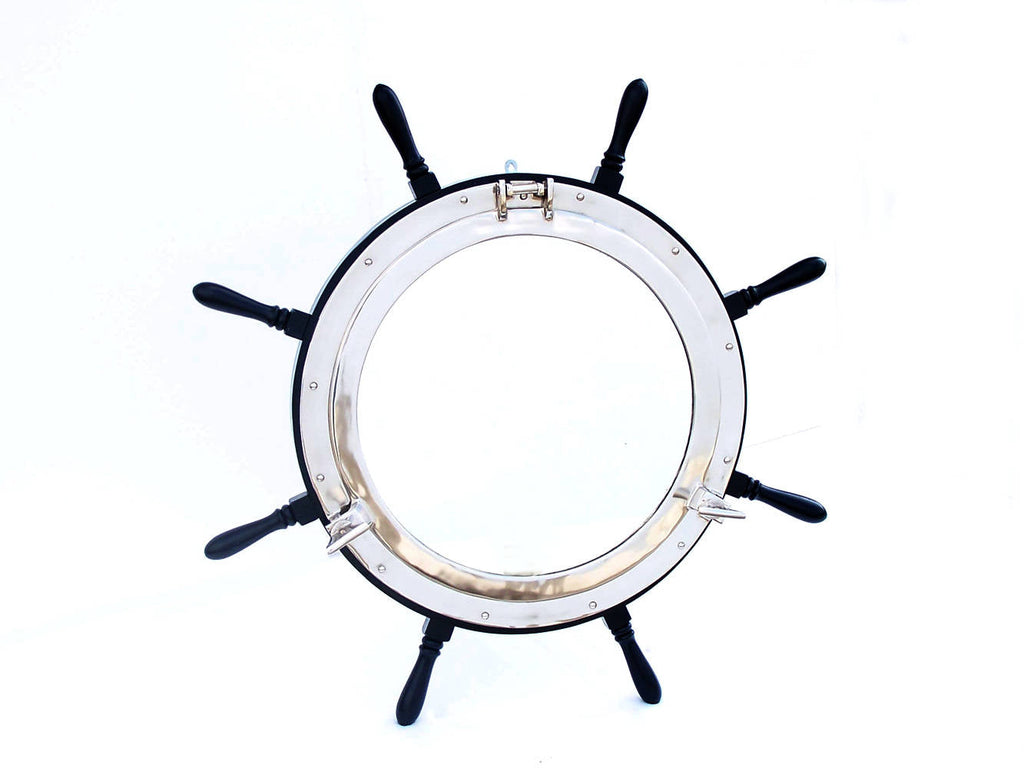 Deluxe Class Wood and Chrome Ship Wheel Porthole Mirror 36""