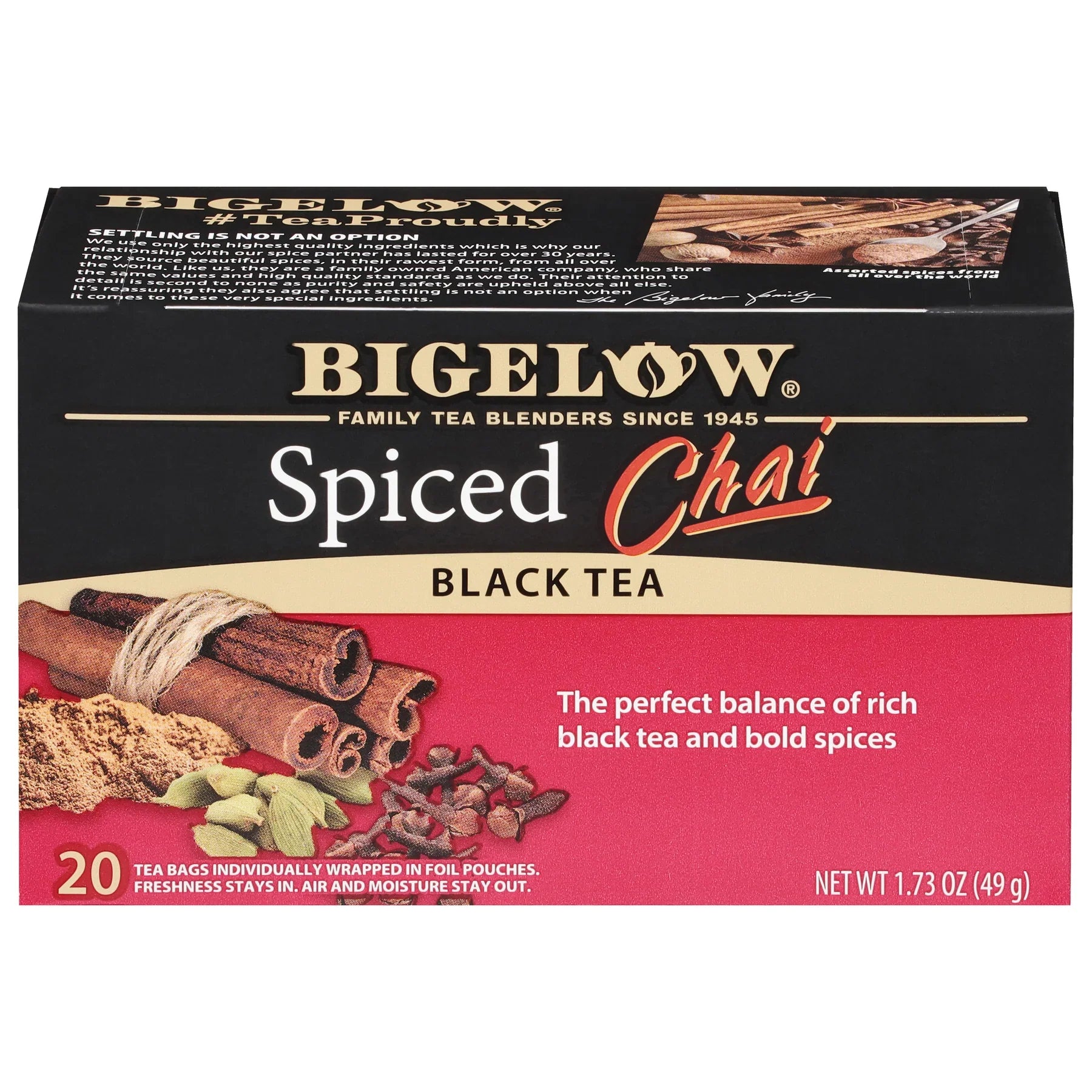 Bigelow Spiced Chai Black Tea Bags, Pack of 6 Boxes, 20 Bags Each.