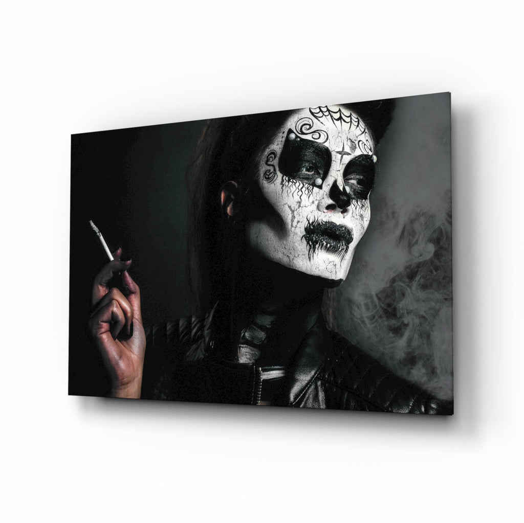 Sugar Skull Smoking Woman Glass Wall Art
