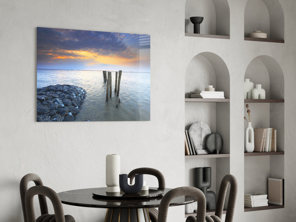 Weathered Pier Posts Calm Sea Landscape Glass Wall Art
