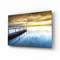 Golden Sunrise Calm Pier Glass Wall Art