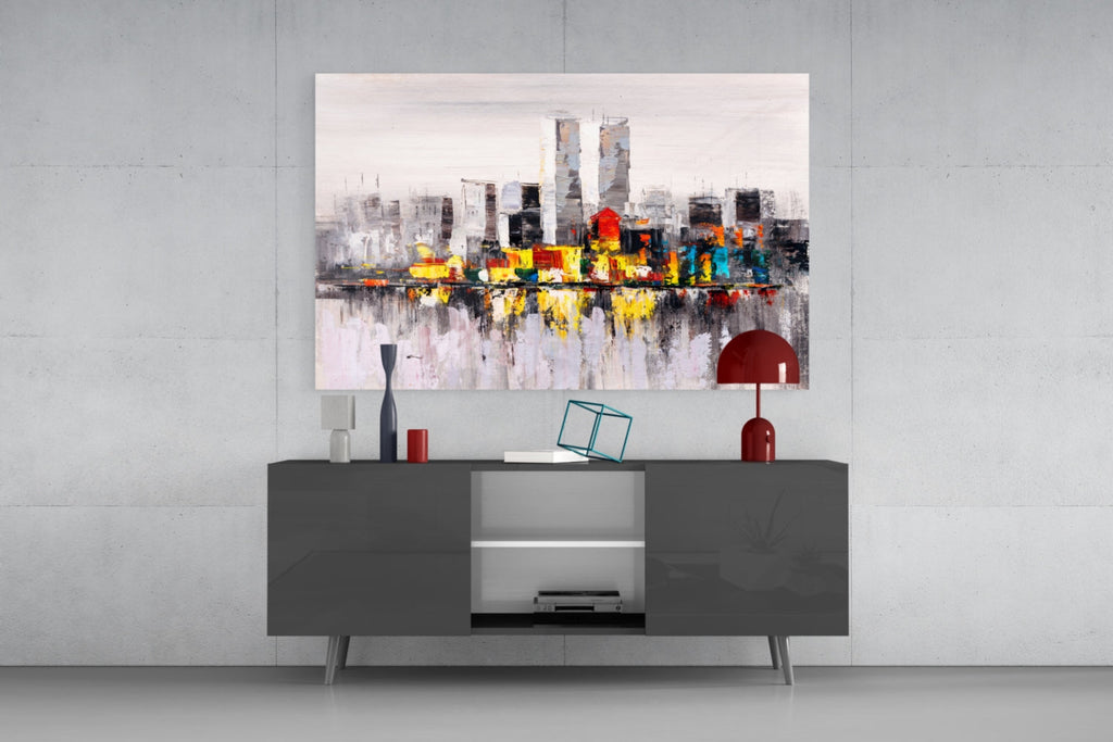 Palette Knife Twin Towers Skyline Glass Wall Art