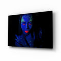 Blue UV Red Lips Woman Glass Wall Art