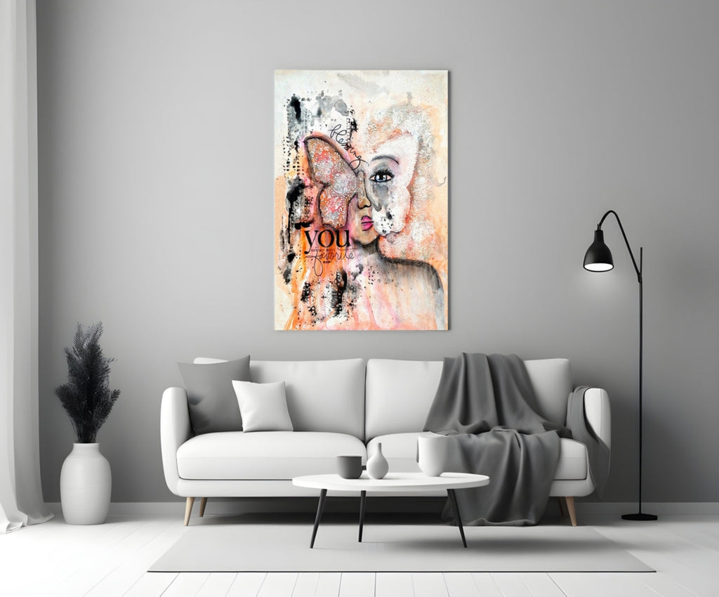 Peach Butterfly Collage Woman Glass Wall Art