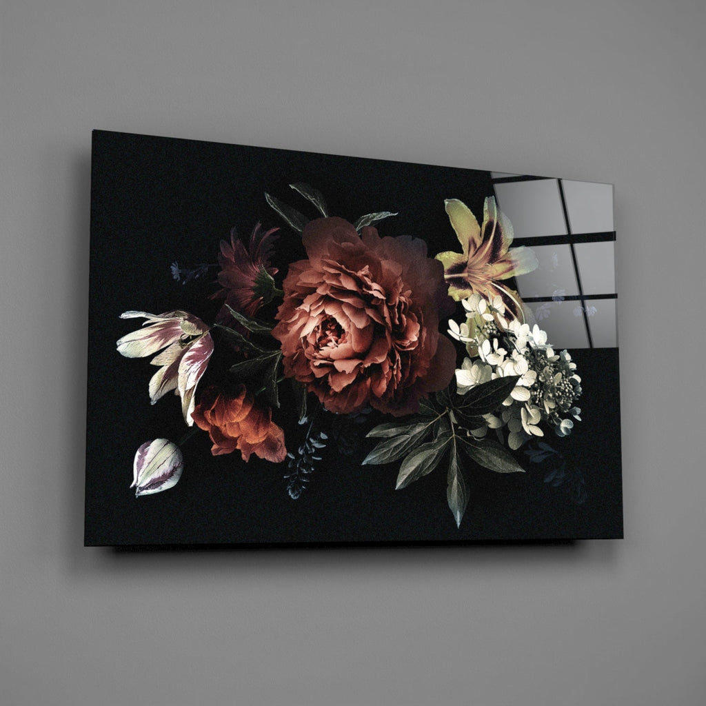 Dark Bouquet Red Peony Bloom Glass Wall Art