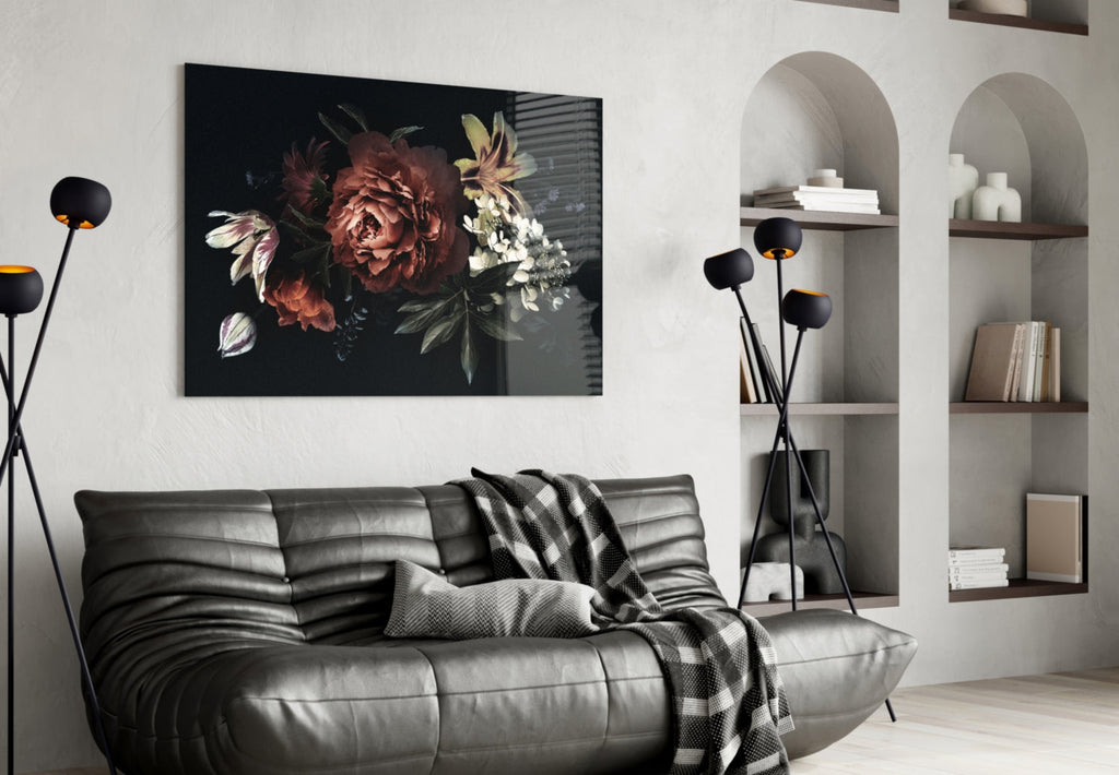 Dark Bouquet Red Peony Bloom Glass Wall Art
