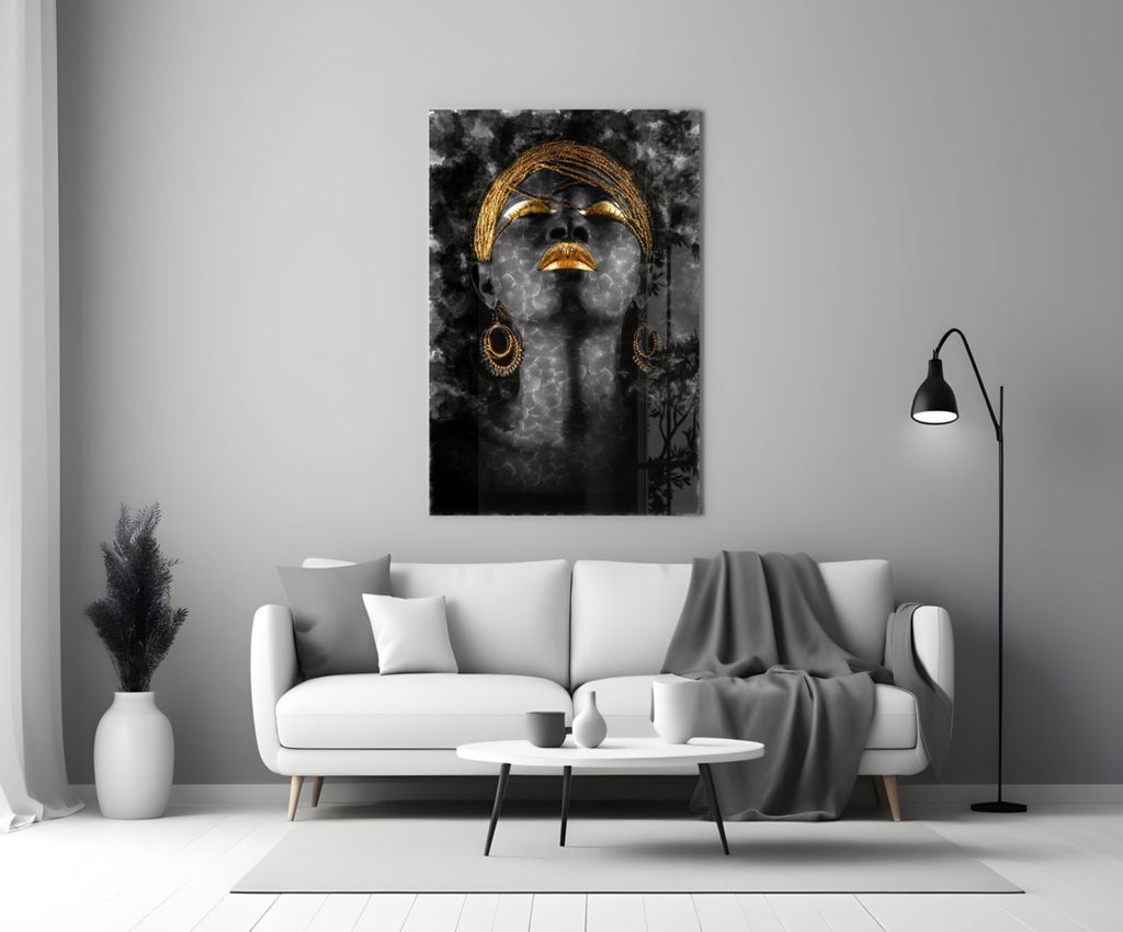 Gold Headdress Woman Portrait Black Glass Wall Art