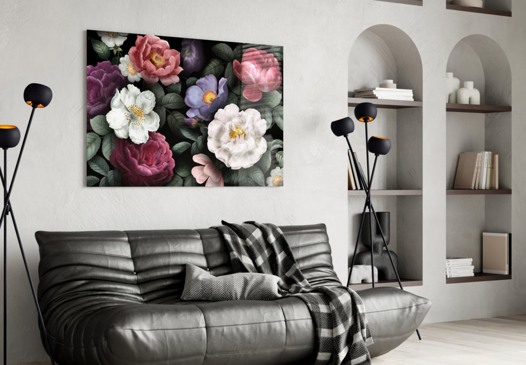 Dark Moody Vintage Rose Bouquet Floral Glass Wall Art