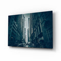 Dark Blue Skyscraper Canyon Street Glass Wall Art
