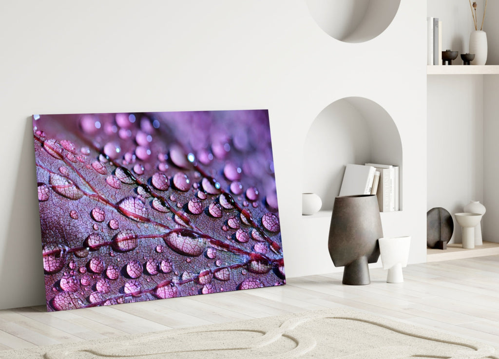 Violet Dew Drops On Leaf Glass Wall Art